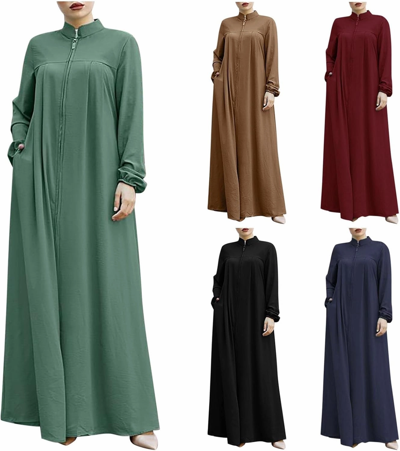 Middle Eastern Kaftans for Women Stand Collar Zip Front Wrap Modest Islamic Robe Long Sleeves Abaya with Pockets