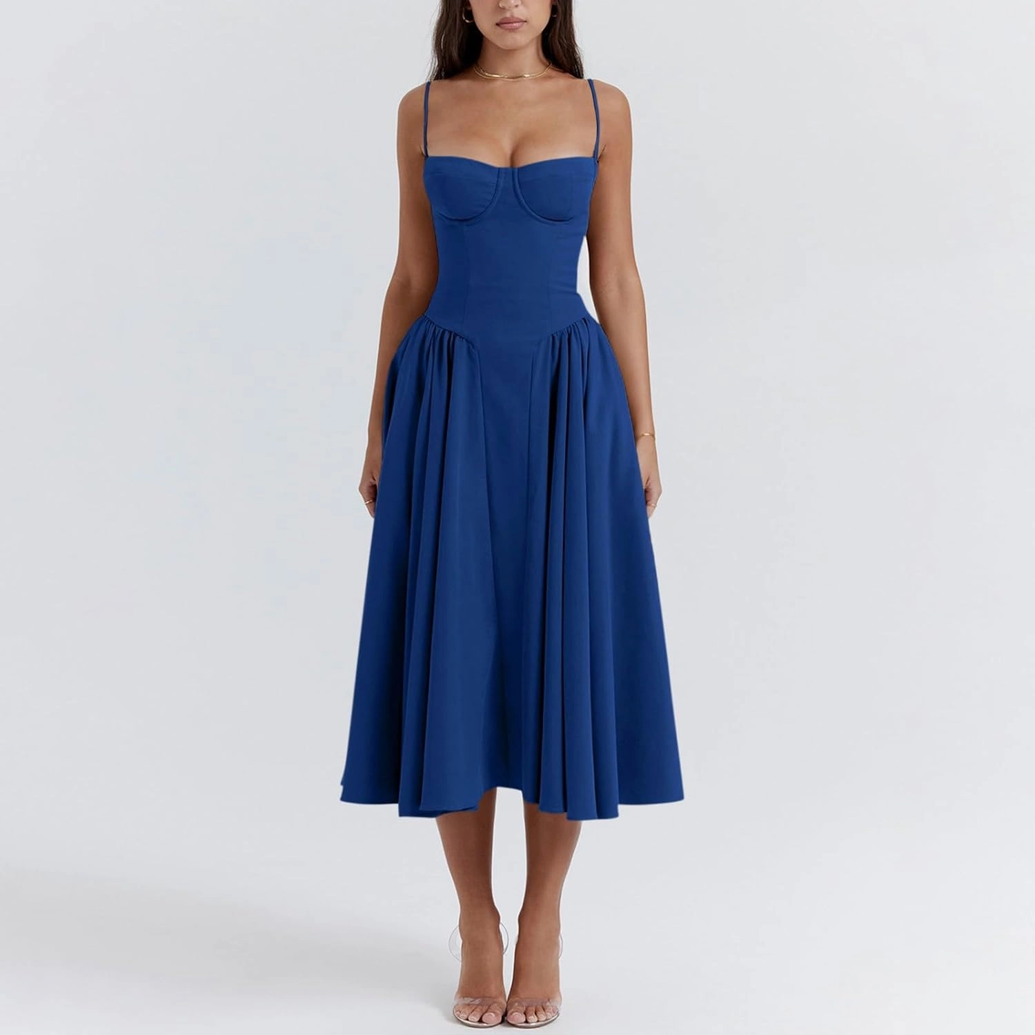 midelxp Womens Corset Dress Elegant Spaghetti Strap Bustier Midi Dress Low Cut Flowy Pleated Hem Formal Dresses with Pockets