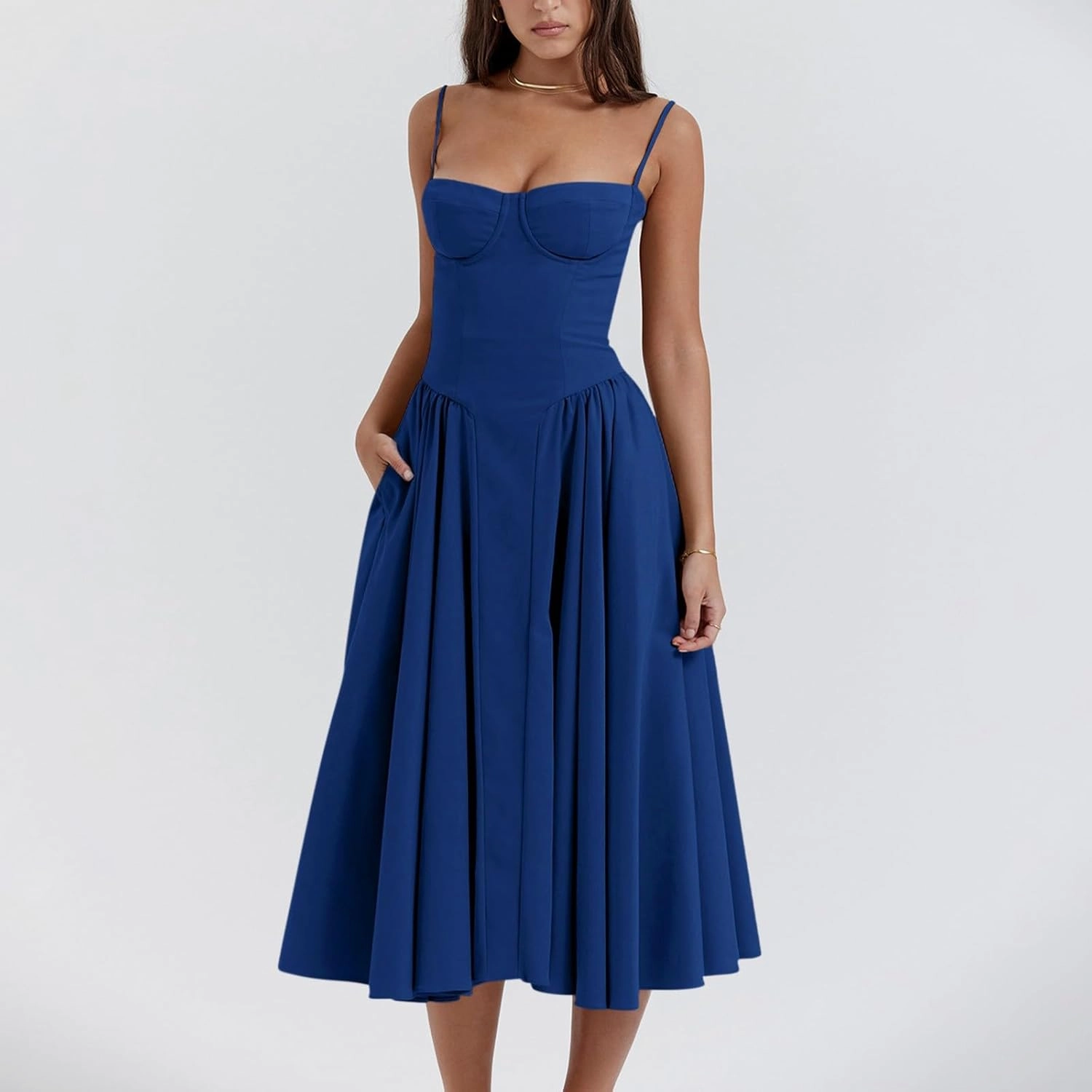 midelxp Womens Corset Dress Elegant Spaghetti Strap Bustier Midi Dress Low Cut Flowy Pleated Hem Formal Dresses with Pockets