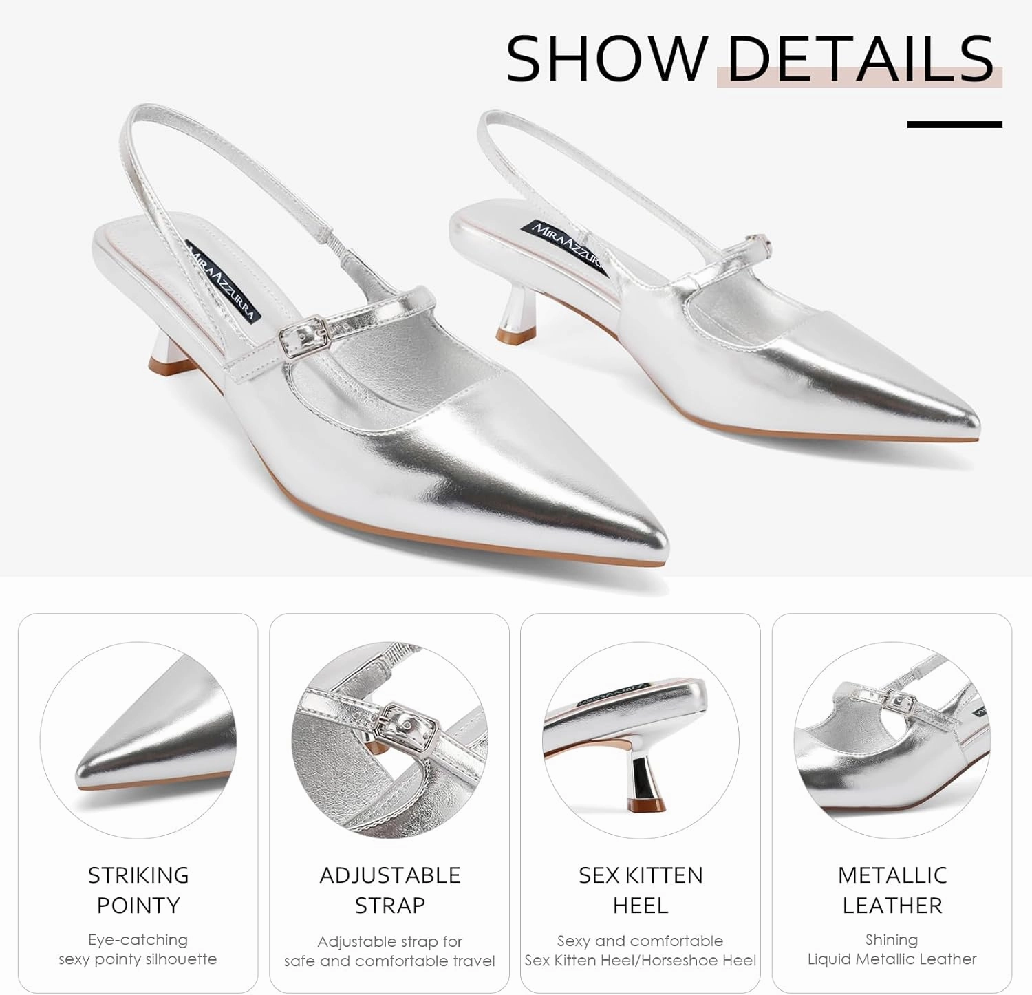MIRAAZZURRA Slingback Kitten Heels Pumps Pointed Toe Low Heel Slip On Dress Shoes with Buckle Strap for Dating Party Working