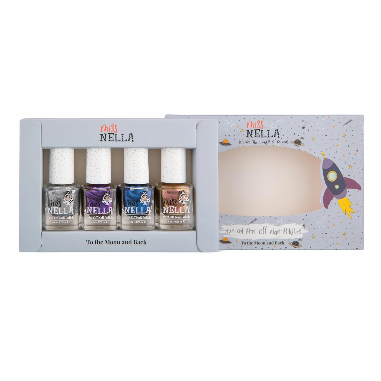 MISS NELLA SPACE COLLECTION Metallic Nail Polish for kids, set of 4 varnishes: silver, bronze, purple & blue, Peel- Off varnish for toddlers