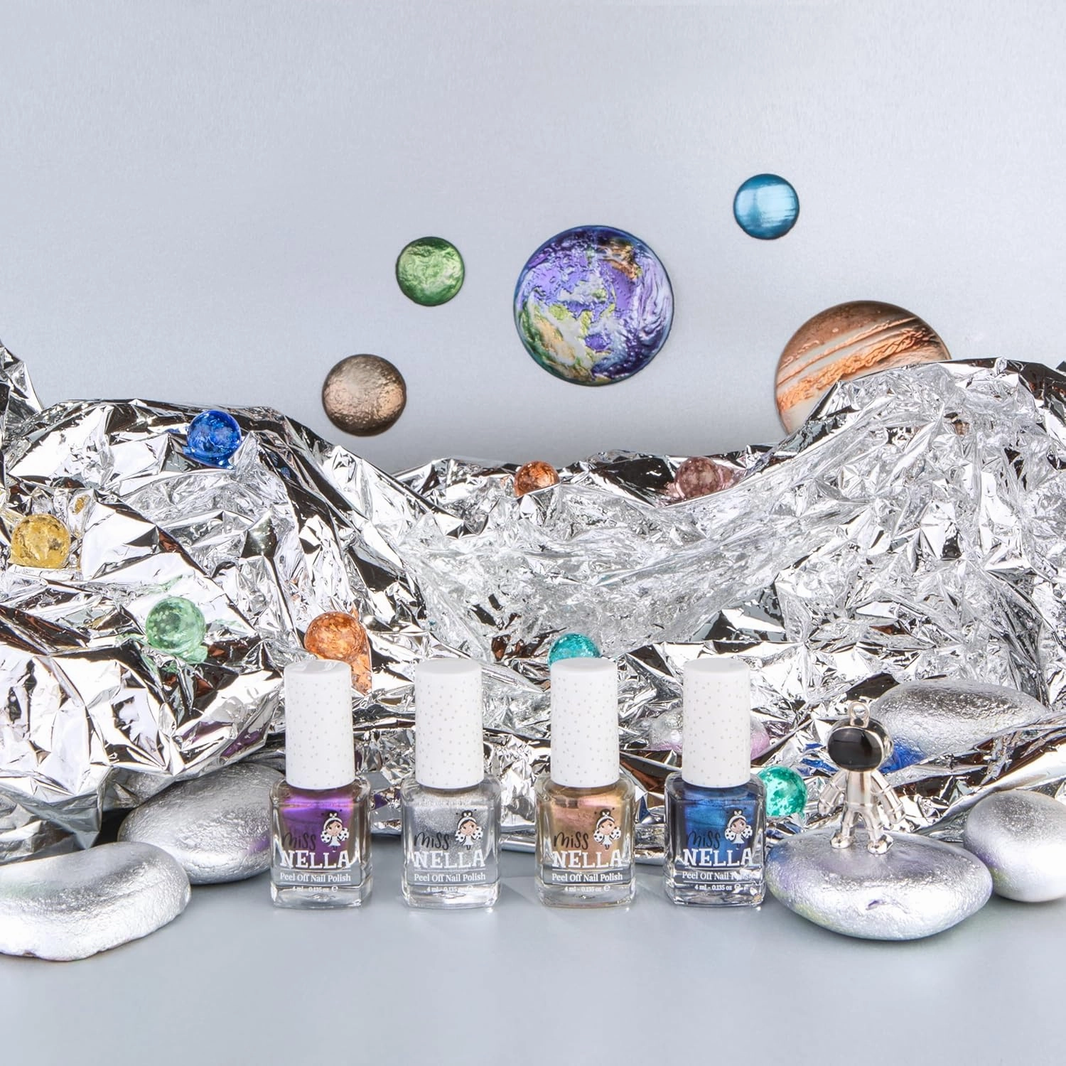 MISS NELLA SPACE COLLECTION Metallic Nail Polish for kids, set of 4 varnishes: silver, bronze, purple & blue, Peel- Off varnish for toddlers