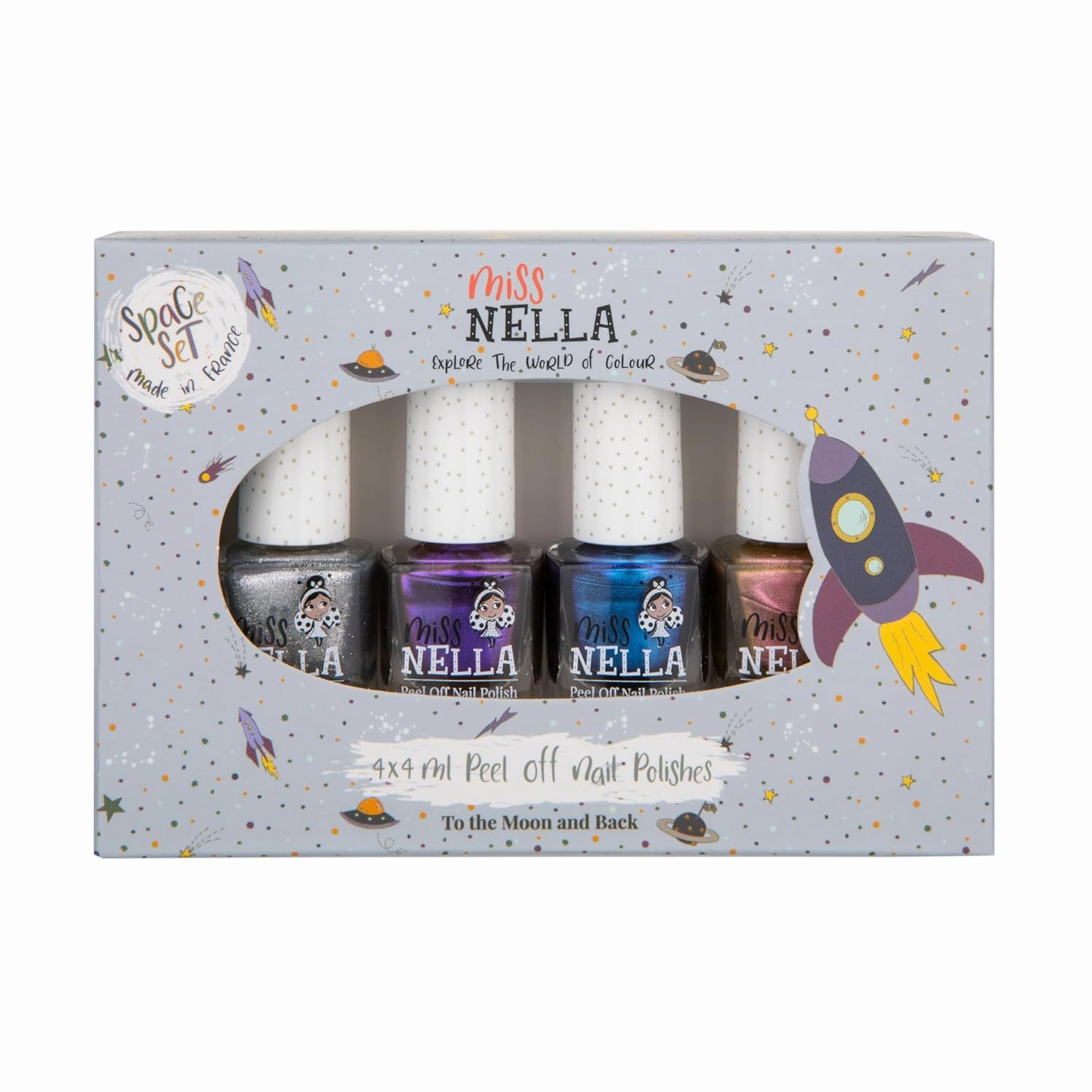 MISS NELLA SPACE COLLECTION Metallic Nail Polish for kids, set of 4 varnishes: silver, bronze, purple & blue, Peel- Off varnish for toddlers