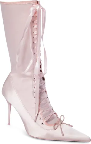 MissHeel Mid Calf Satin Boots Lace Up Pointed Toe High Heel Boots with Bow
