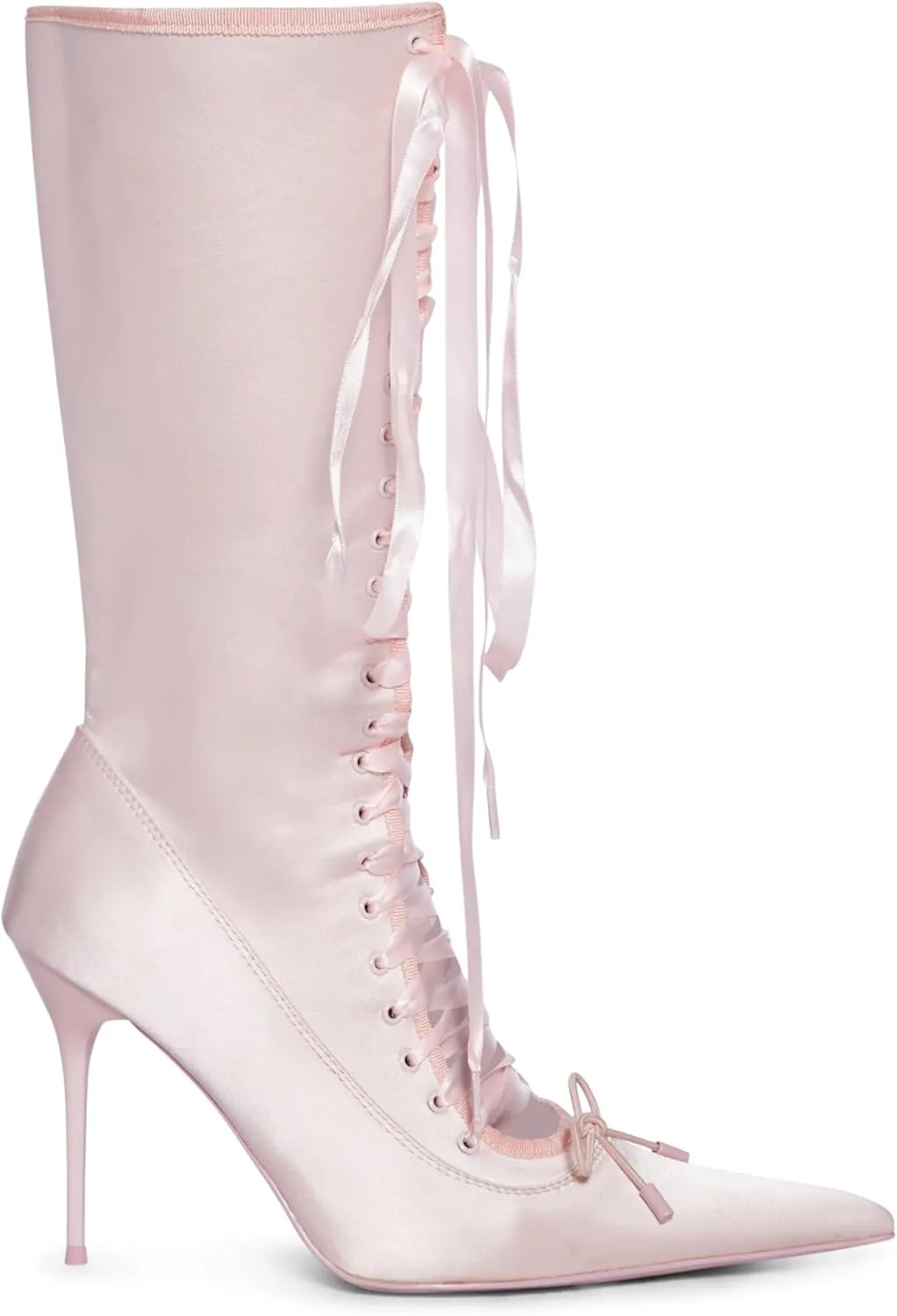 MissHeel Mid Calf Satin Boots Lace Up Pointed Toe High Heel Boots with Bow