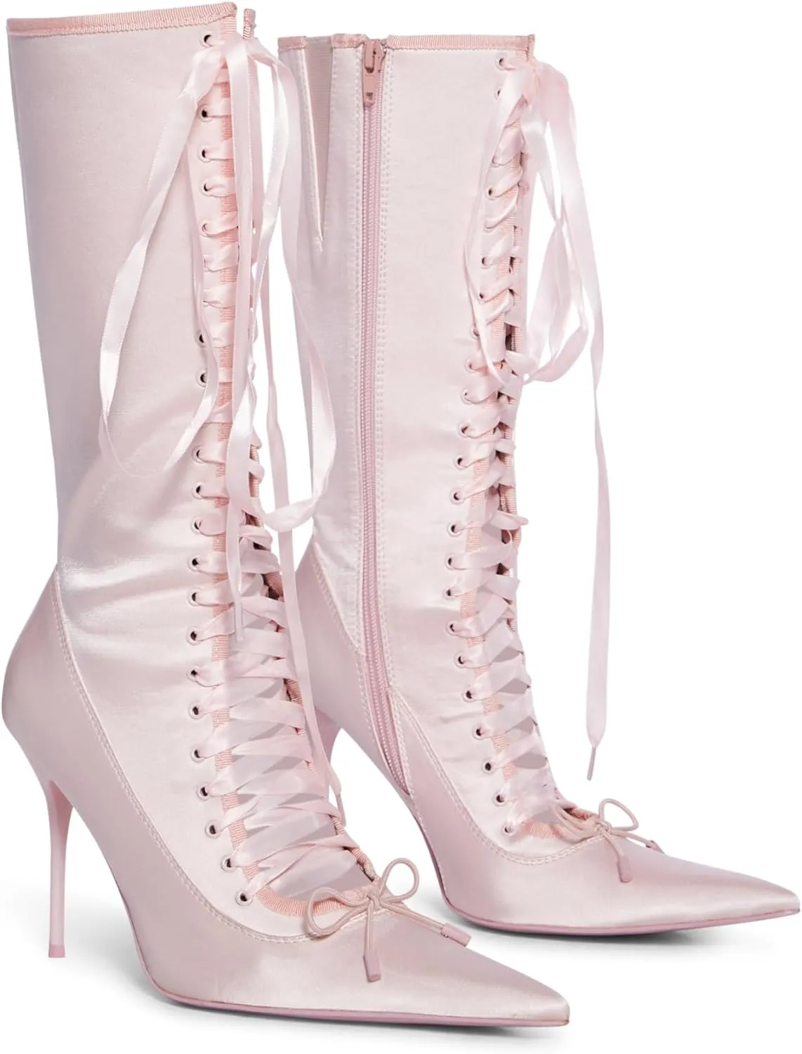 MissHeel Mid Calf Satin Boots Lace Up Pointed Toe High Heel Boots with Bow