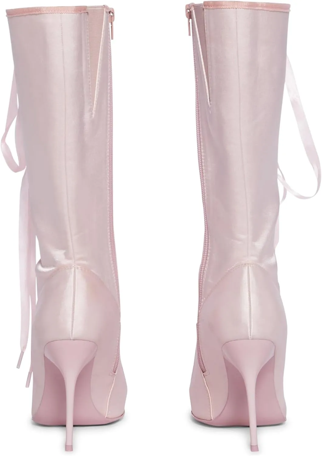 MissHeel Mid Calf Satin Boots Lace Up Pointed Toe High Heel Boots with Bow