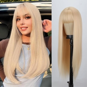 MISSQUEEN Long Straight Blonde Wig with Bangs Synthetic Natural Look Heat Resistant Wigs 30inch For Fashionable Women Girls For Party Cosplay And Daily Use