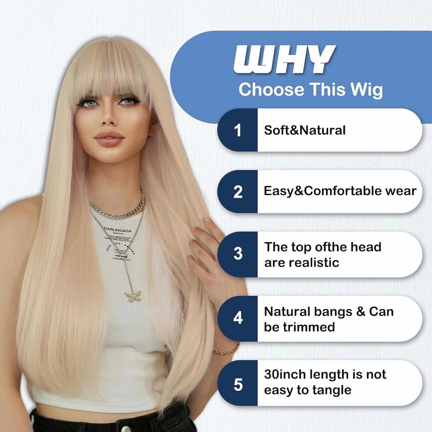 MISSQUEEN Long Straight Blonde Wig with Bangs Synthetic Natural Look Heat Resistant Wigs 30inch For Fashionable Women Girls For Party Cosplay And Daily Use