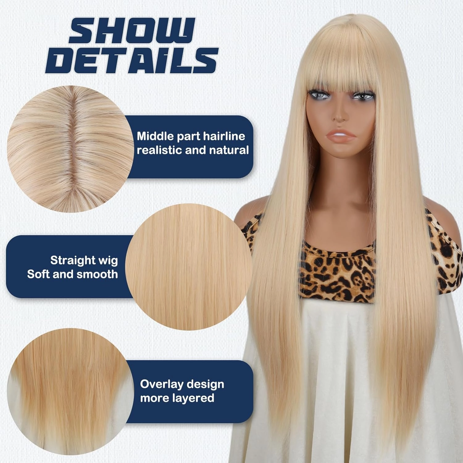 MISSQUEEN Long Straight Blonde Wig with Bangs Synthetic Natural Look Heat Resistant Wigs 30inch For Fashionable Women Girls For Party Cosplay And Daily Use