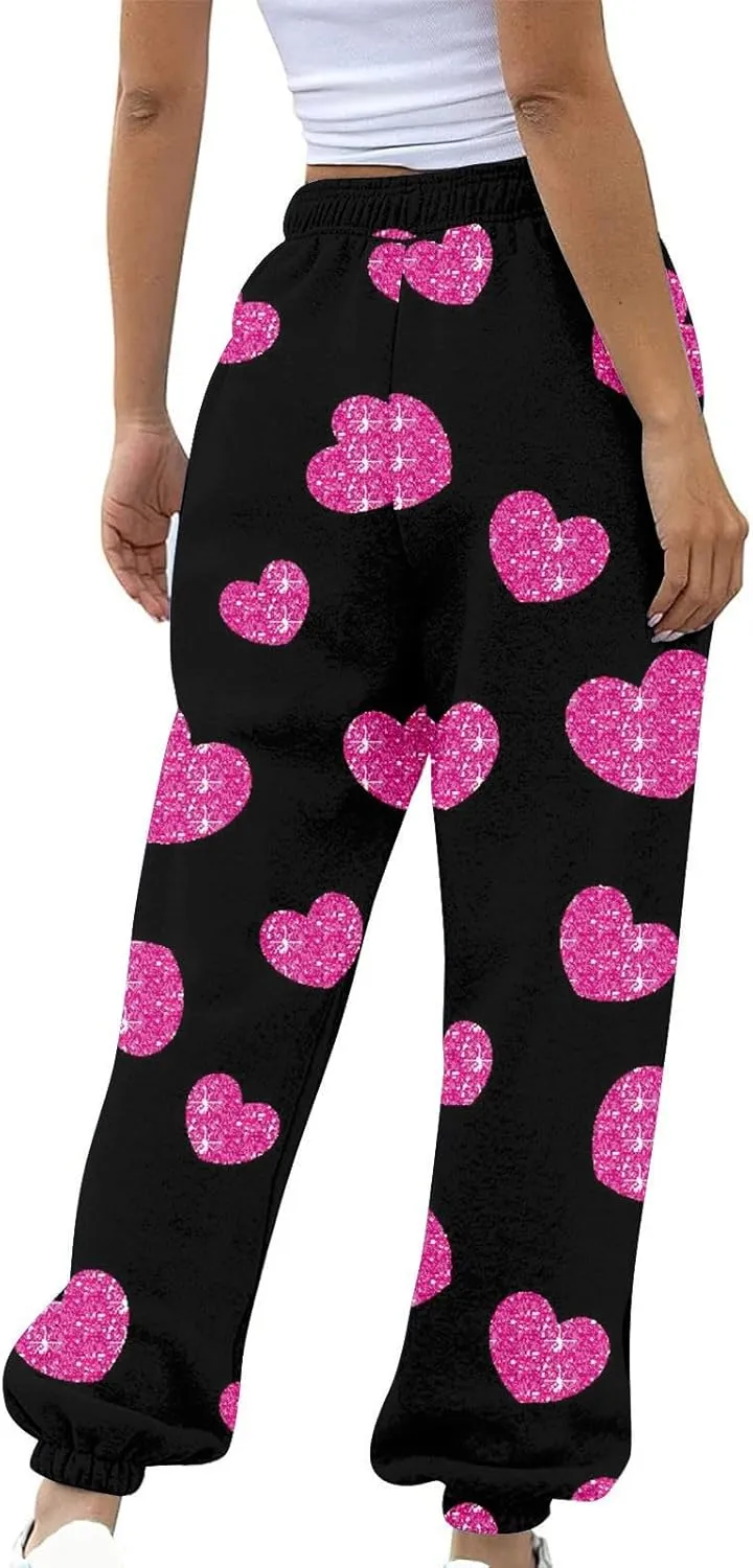 Miyaomn Women's Casual Athletic Running Joggers Valentines Day Sweatpants with Pink Heart Pockets Elastic Waist Lounge Slacks