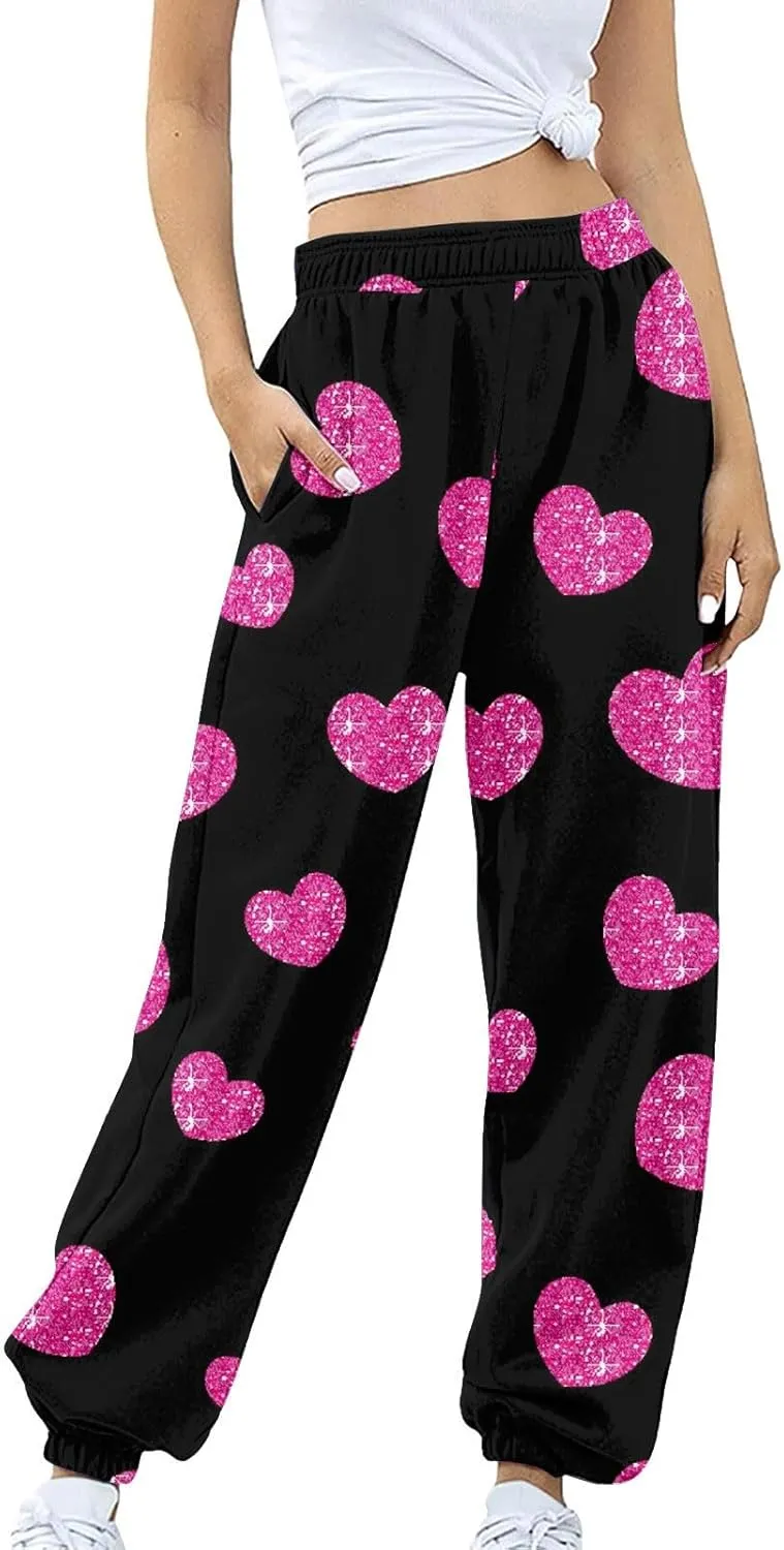 Miyaomn Women's Casual Athletic Running Joggers Valentines Day Sweatpants with Pink Heart Pockets Elastic Waist Lounge Slacks