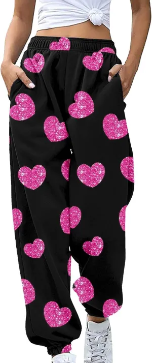 Miyaomn Women's Casual Athletic Running Joggers Valentines Day Sweatpants with Pink Heart Pockets Elastic Waist Lounge Slacks