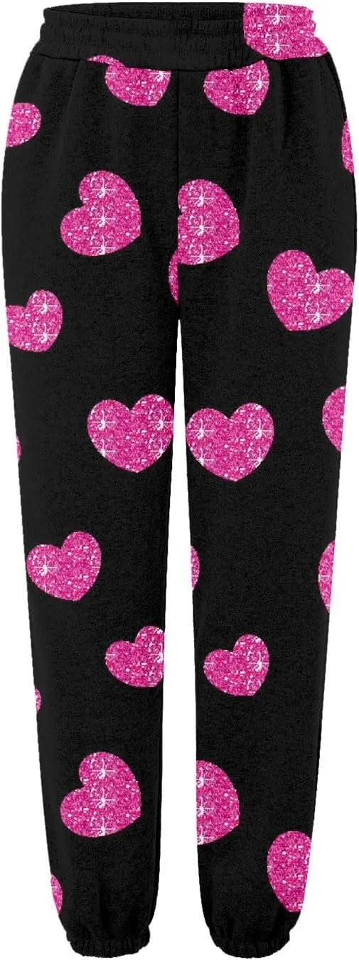 Miyaomn Women's Casual Athletic Running Joggers Valentines Day Sweatpants with Pink Heart Pockets Elastic Waist Lounge Slacks