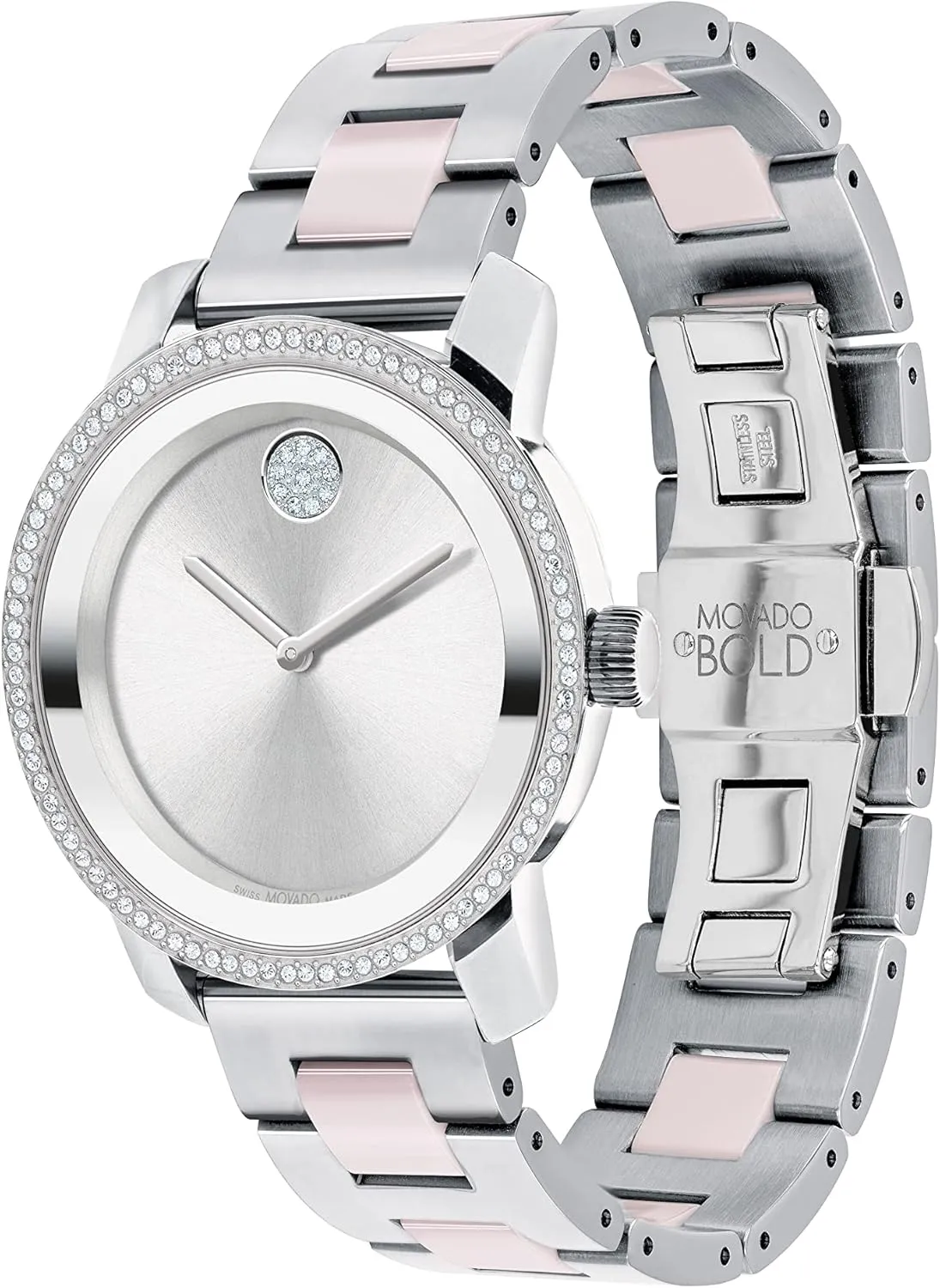 Movado Bold Iconic Women's Watch - Swiss Quartz 2H Movement, Stainless Steel Ceramic Center Link Bracelet - 3 ATM Water Resistance - Sparkling Crystal Details for Her - 36mm