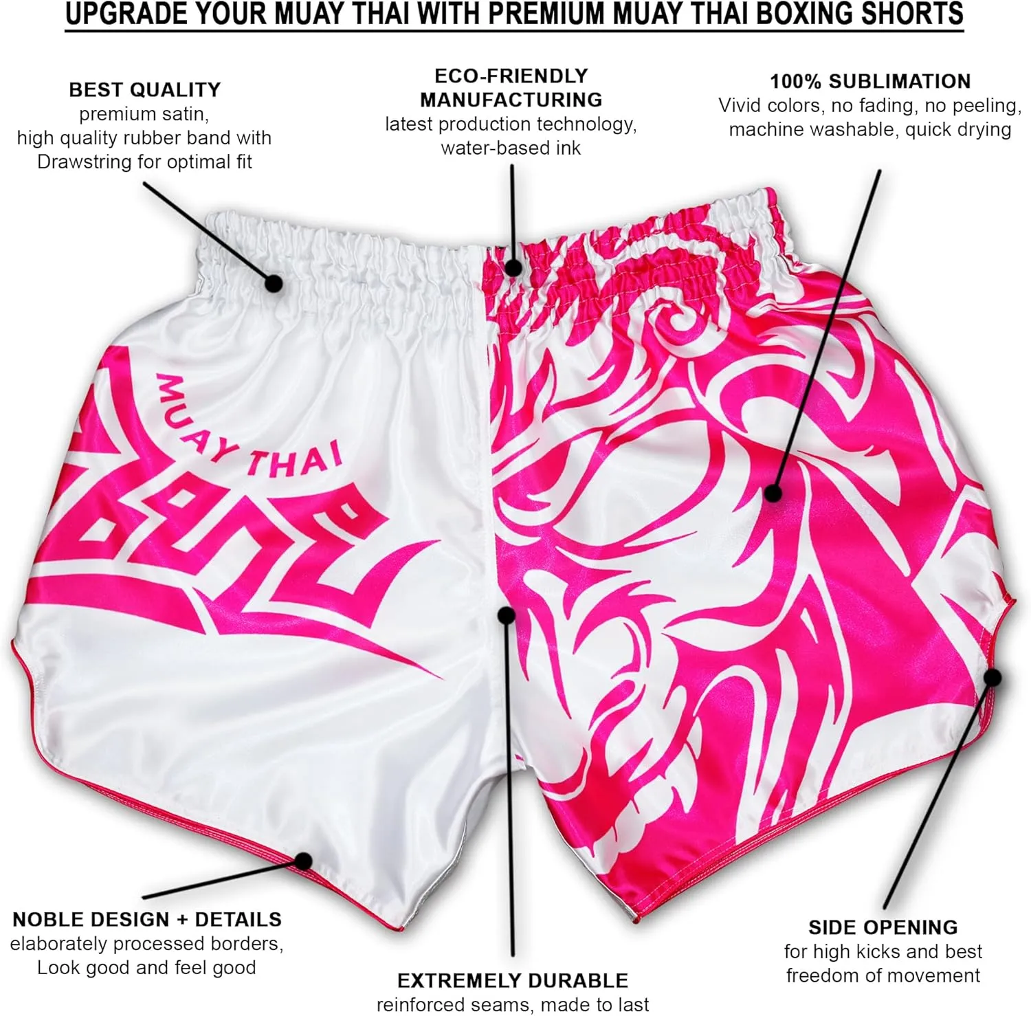 Muay Thai Shorts Samurai Tribal for Men & Women White Pink MMA Kickboxing Boxing Trunks