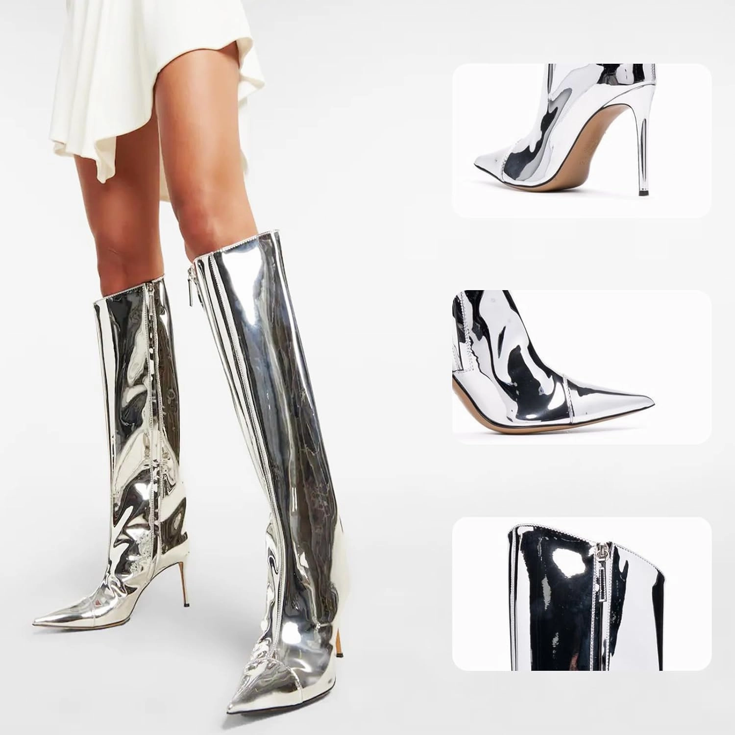 MUCCCUTE Women's Metallic Knee High Boots-Pointed Toe Stiletto Chrome Thigh High Boots-Sexy Fashion Long Boots