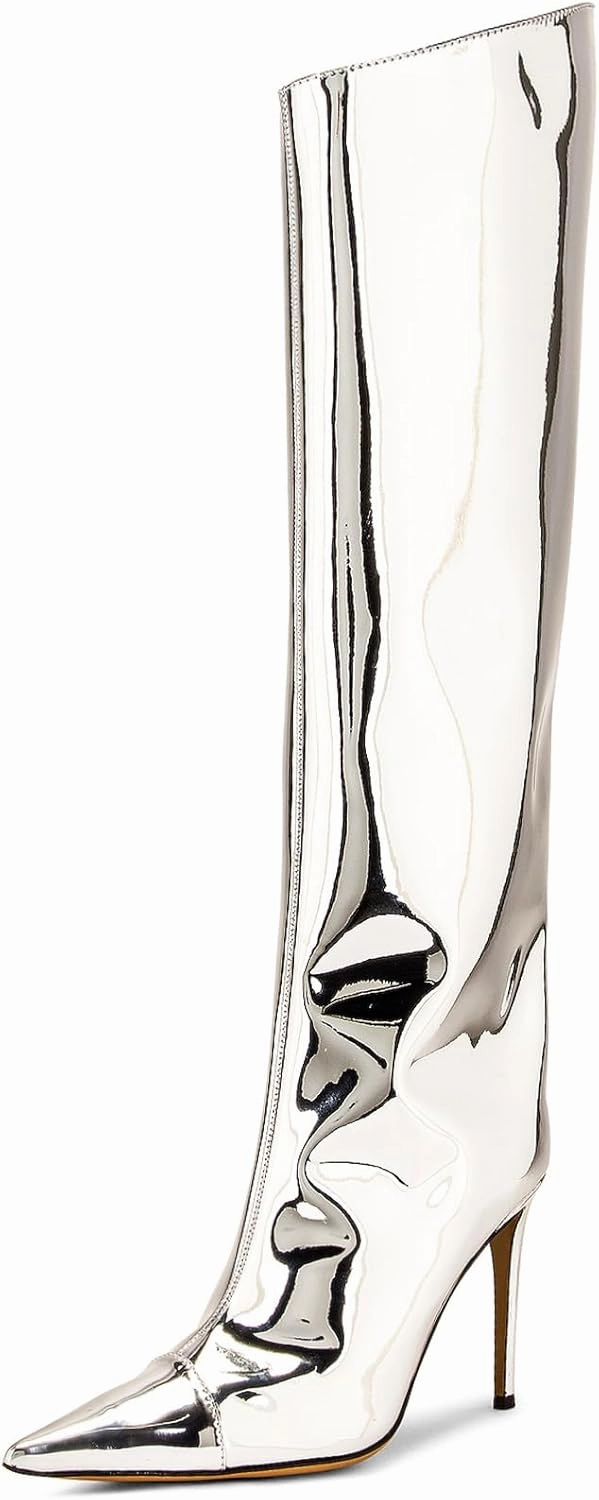 MUCCCUTE Women's Metallic Knee High Boots-Pointed Toe Stiletto Chrome Thigh High Boots-Sexy Fashion Long Boots