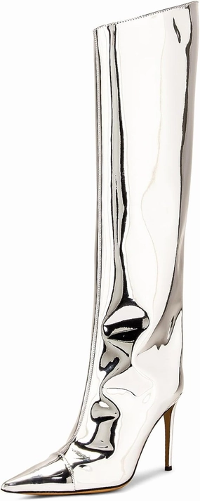 MUCCCUTE Women's Metallic Knee High Boots-Pointed Toe Stiletto Chrome Thigh High Boots-Sexy Fashion Long Boots