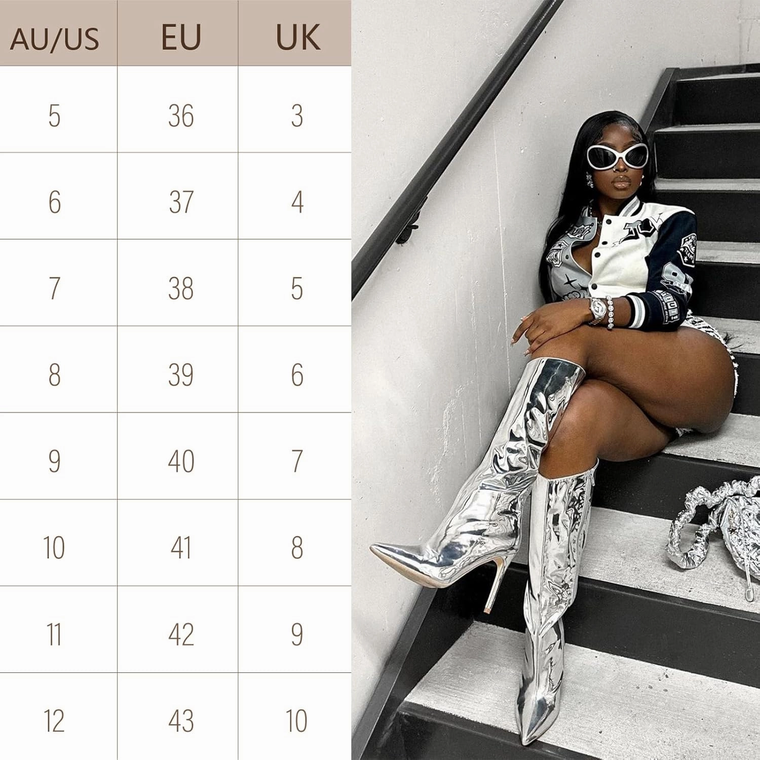 MUCCCUTE Women's Metallic Knee High Boots-Pointed Toe Stiletto Chrome Thigh High Boots-Sexy Fashion Long Boots