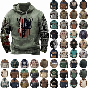 Muscularfit Hoodies for Men Fashion Drawstring Aztec Ethnic Print Hooded Sweatshirts Casual Long Sleeve 4th Of July Shirts