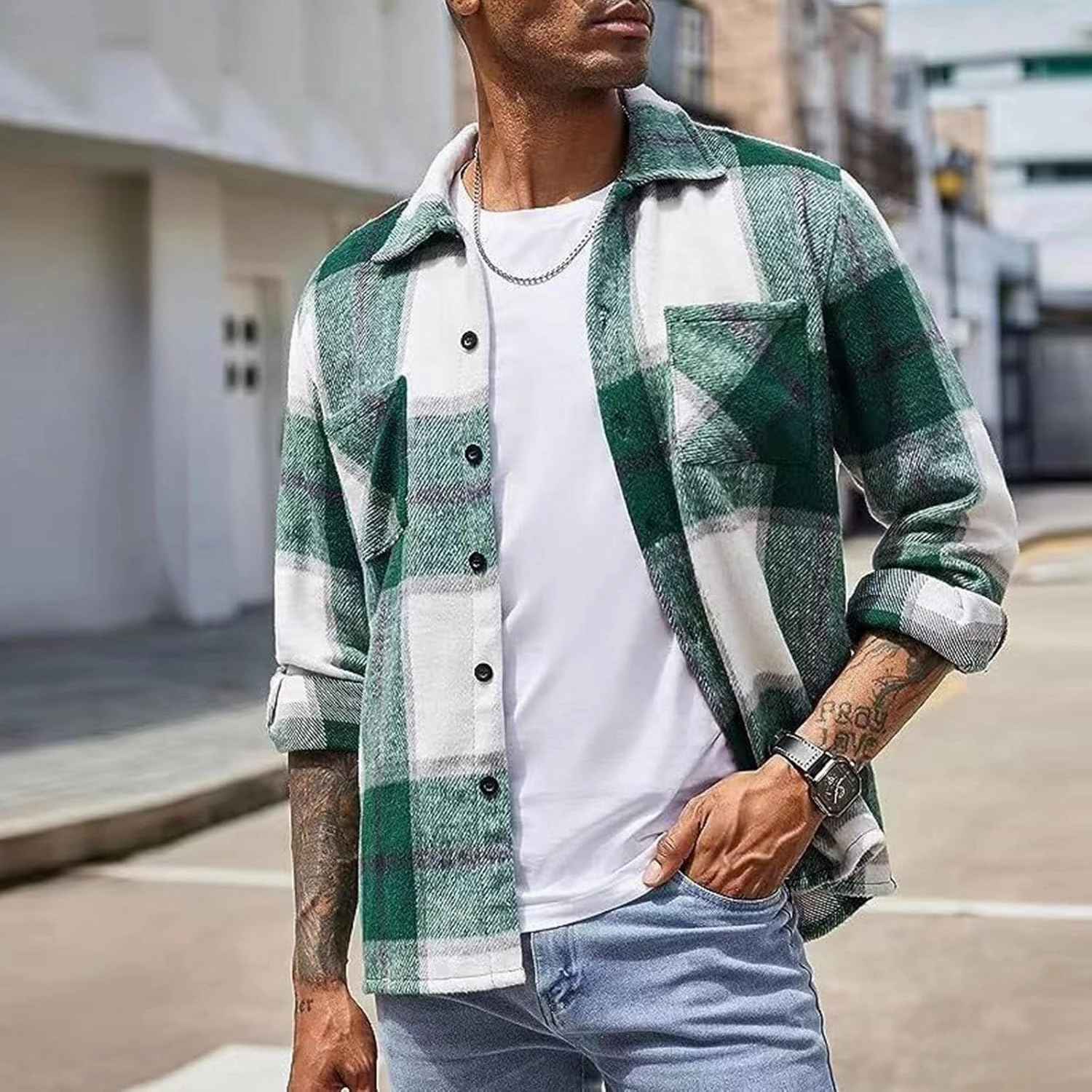 Muscularfit Plaid Flannel Shirt for Men Causal Stylish Long Sleeve Shirt Jacket With Not Hood Lightweight Work Cardigan Shirt