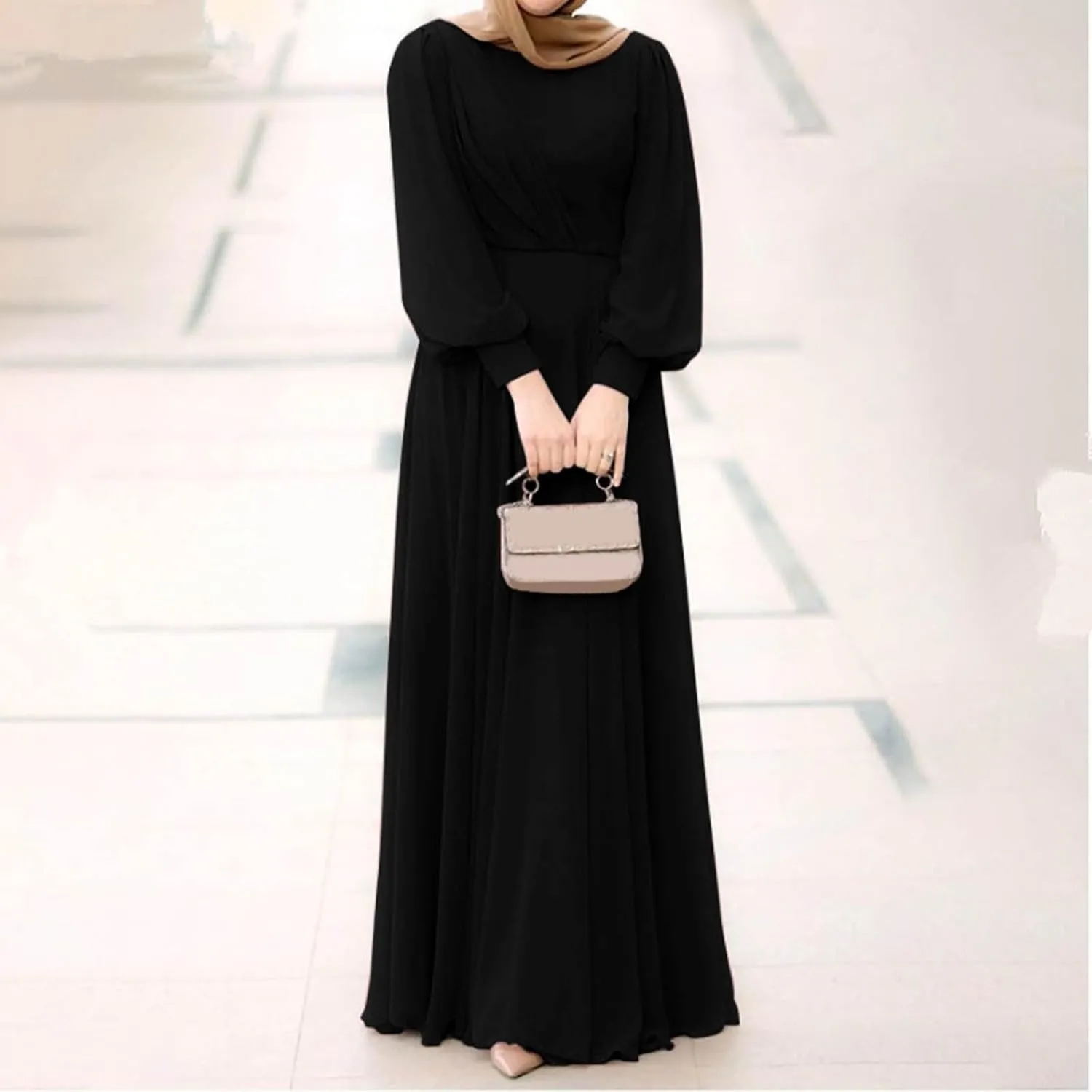 Muslim Maxi Dress for Women Solid Color Puff Sleeves Pleated Skirt Elegant Casual Modest Islamic Prayer Robe Dresses