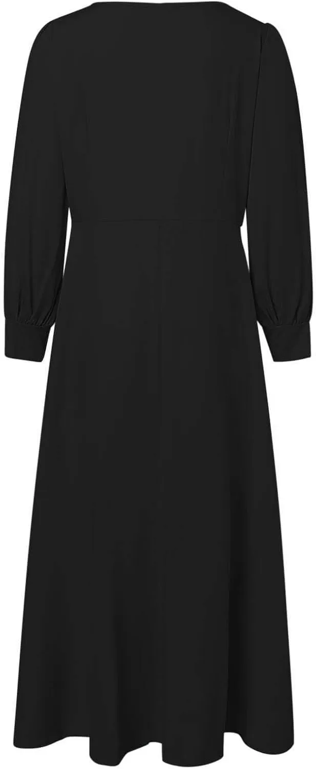 Muslim Maxi Dress for Women Solid Color Puff Sleeves Pleated Skirt Elegant Casual Modest Islamic Prayer Robe Dresses