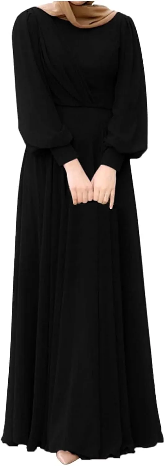 Muslim Maxi Dress for Women Solid Color Puff Sleeves Pleated Skirt Elegant Casual Modest Islamic Prayer Robe Dresses