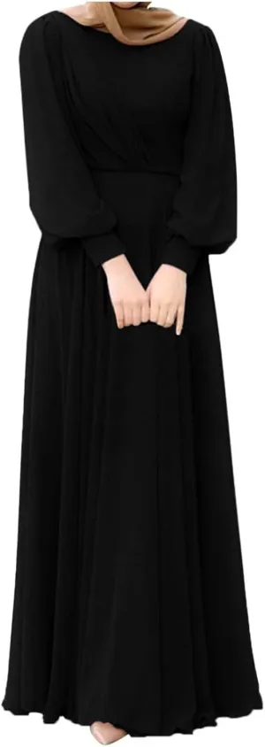 Muslim Maxi Dress for Women Solid Color Puff Sleeves Pleated Skirt Elegant Casual Modest Islamic Prayer Robe Dresses
