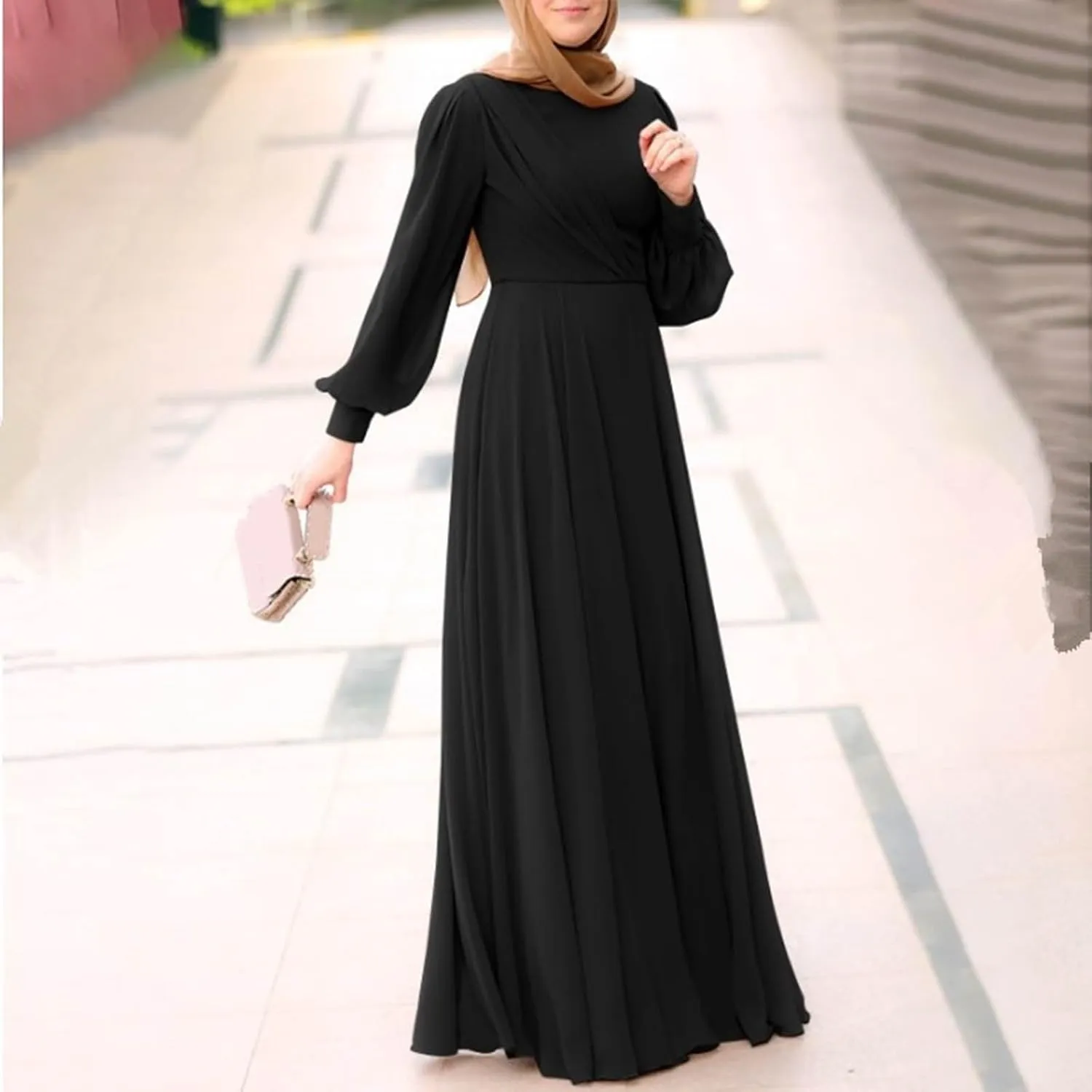 Muslim Maxi Dress for Women Solid Color Puff Sleeves Pleated Skirt Elegant Casual Modest Islamic Prayer Robe Dresses