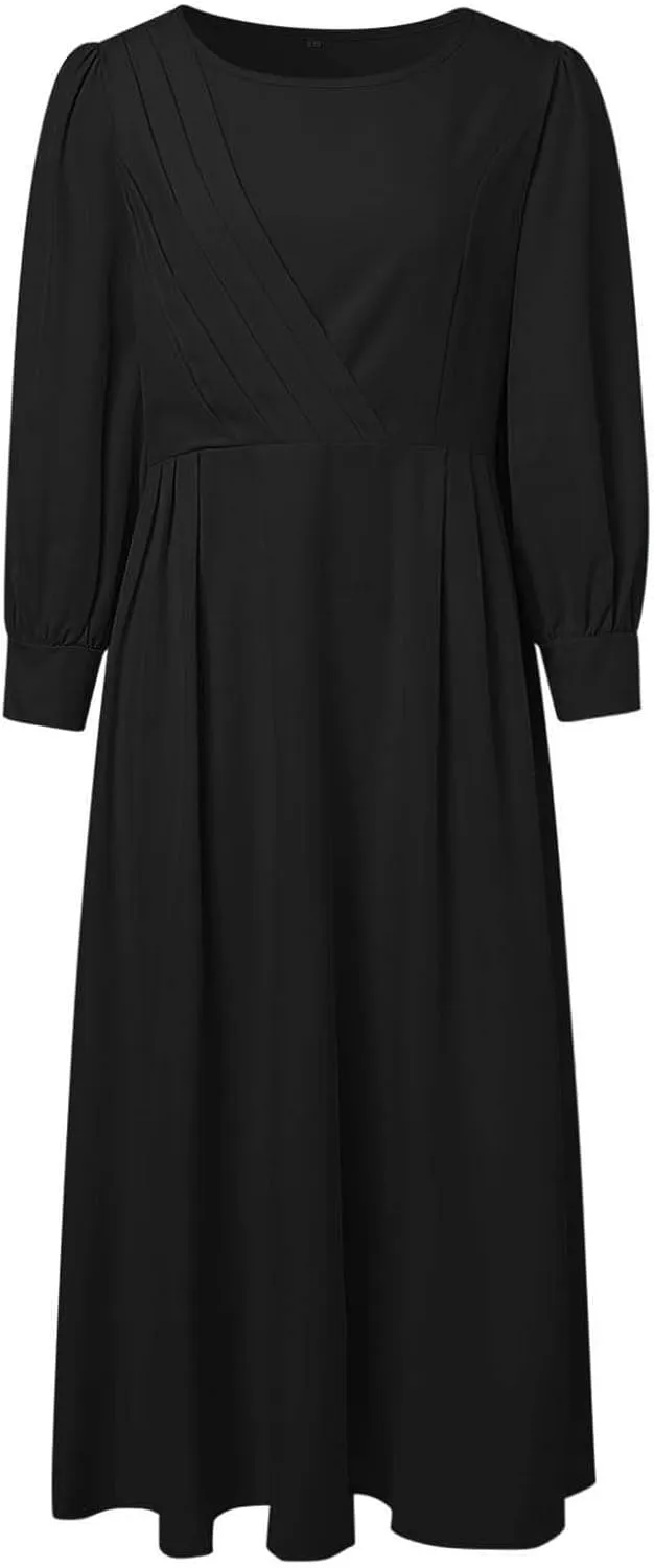 Muslim Maxi Dress for Women Solid Color Puff Sleeves Pleated Skirt Elegant Casual Modest Islamic Prayer Robe Dresses