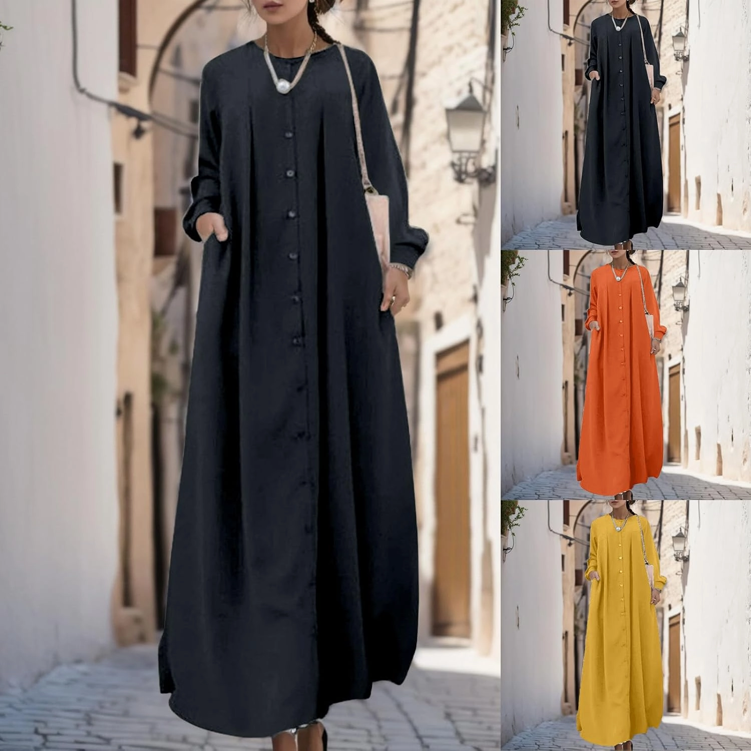 Muslim Maxi Dress for Women Button Down Casual Elegant Modest Prayer Abaya Office Wear Islamic Robe Long Dress