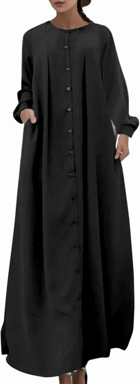 Muslim Maxi Dress for Women Button Down Casual Elegant Modest Prayer Abaya Office Wear Islamic Robe Long Dress