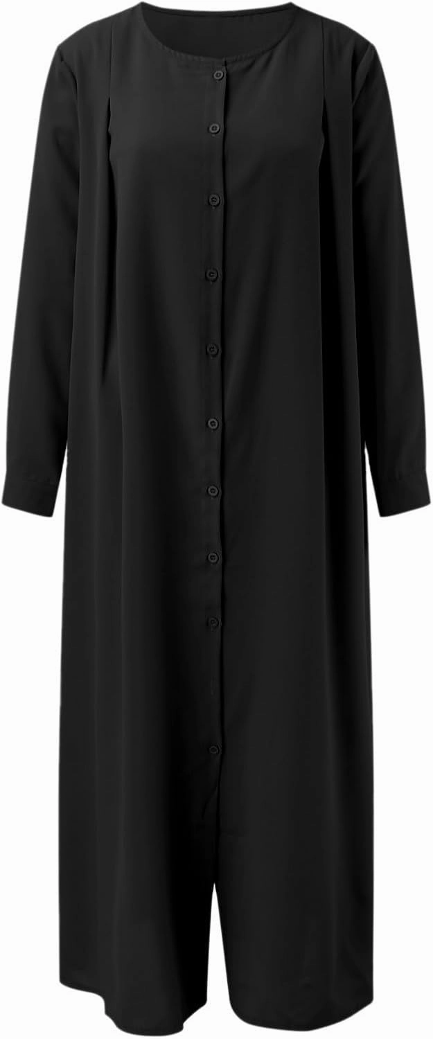 Muslim Maxi Dress for Women Button Down Casual Elegant Modest Prayer Abaya Office Wear Islamic Robe Long Dress