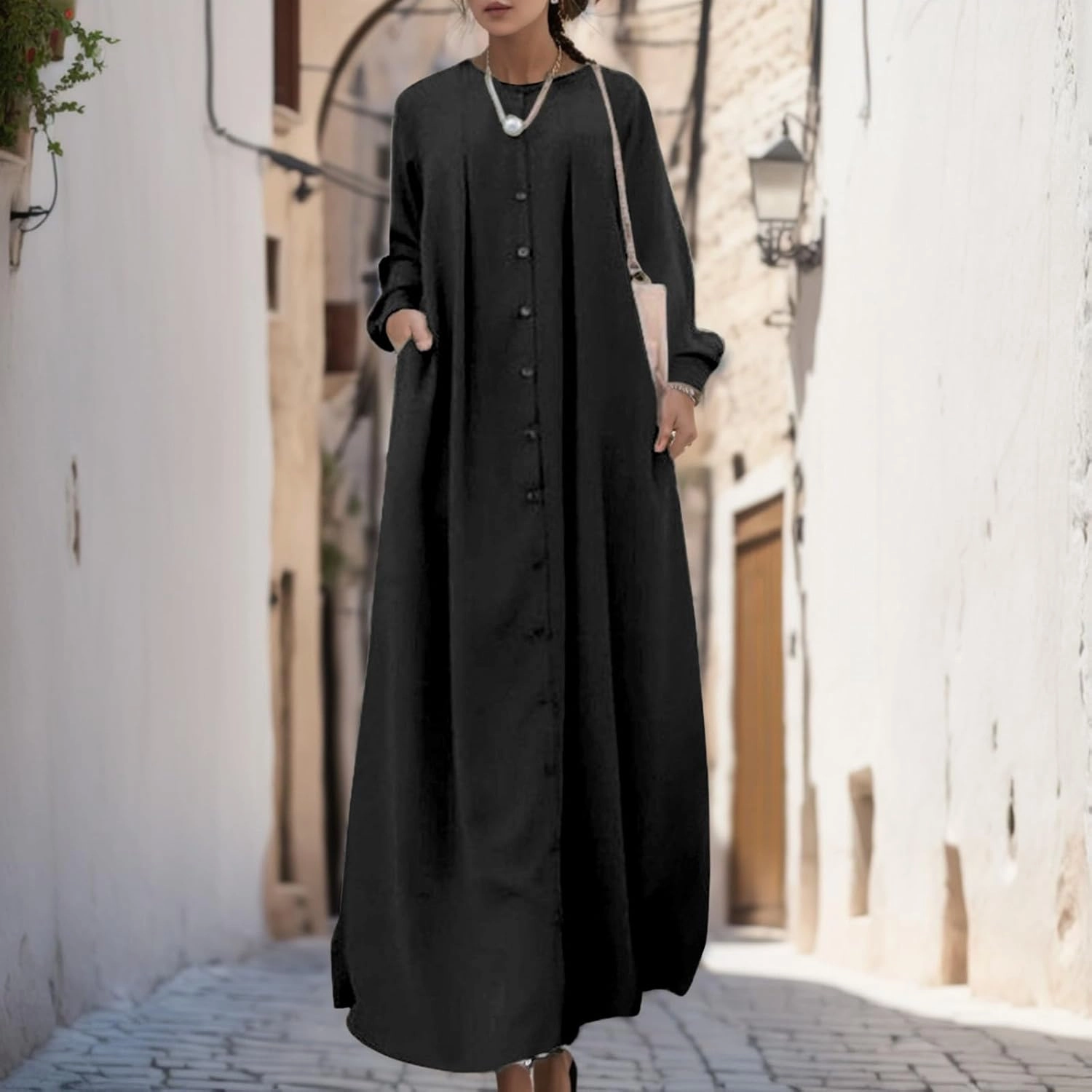 Muslim Maxi Dress for Women Button Down Casual Elegant Modest Prayer Abaya Office Wear Islamic Robe Long Dress