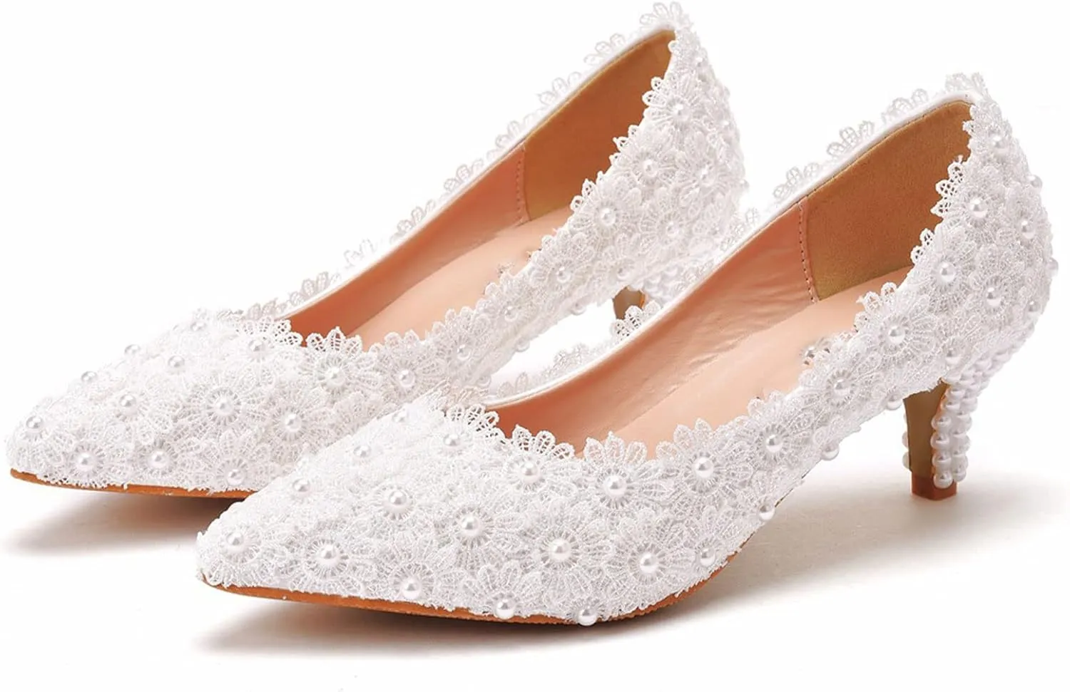 MYFSPORTS Wedding Shoes Low Heel Comfortable Women's Shoes Lace Bridal Shoes Beaded Flower Wedding Bridesmaid High Heels