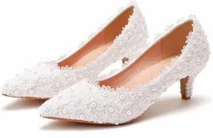 MYFSPORTS Wedding Shoes Low Heel Comfortable Women's Shoes Lace Bridal Shoes Beaded Flower Wedding Bridesmaid High Heels