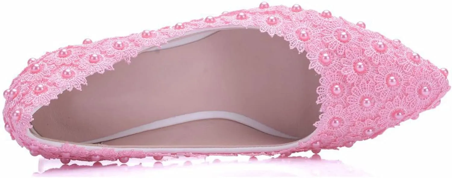 MYFSPORTS Wedding Shoes Low Heel Comfortable Women's Shoes Lace Bridal Shoes Beaded Flower Wedding Bridesmaid High Heels