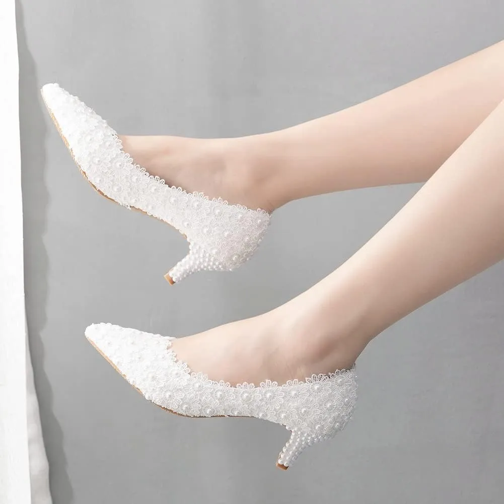 MYFSPORTS Wedding Shoes Low Heel Comfortable Women's Shoes Lace Bridal Shoes Beaded Flower Wedding Bridesmaid High Heels