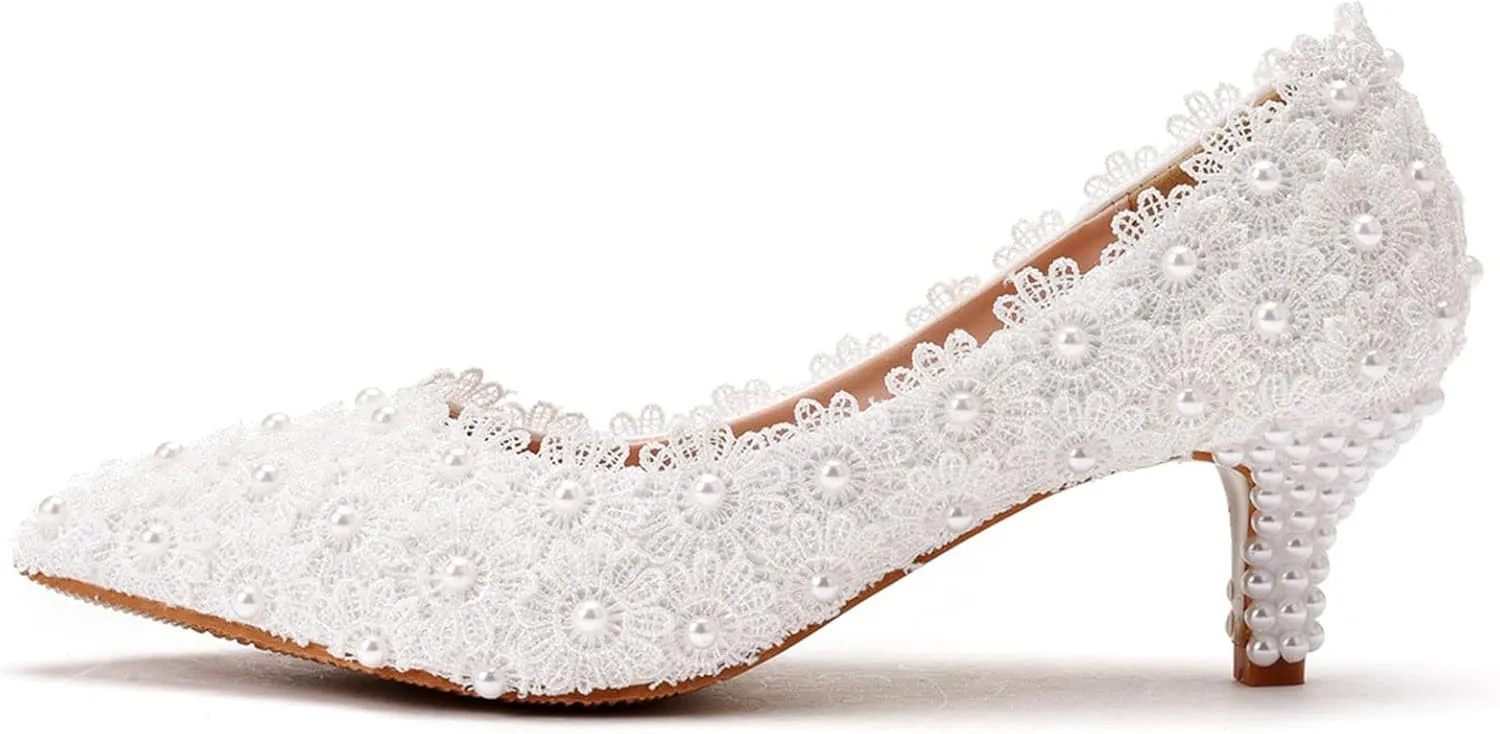 MYFSPORTS Wedding Shoes Low Heel Comfortable Women's Shoes Lace Bridal Shoes Beaded Flower Wedding Bridesmaid High Heels