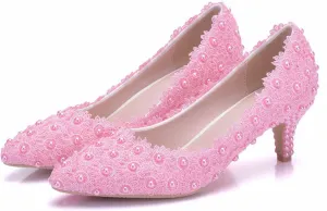 MYFSPORTS Wedding Shoes Low Heel Comfortable Women's Shoes Lace Bridal Shoes Beaded Flower Wedding Bridesmaid High Heels