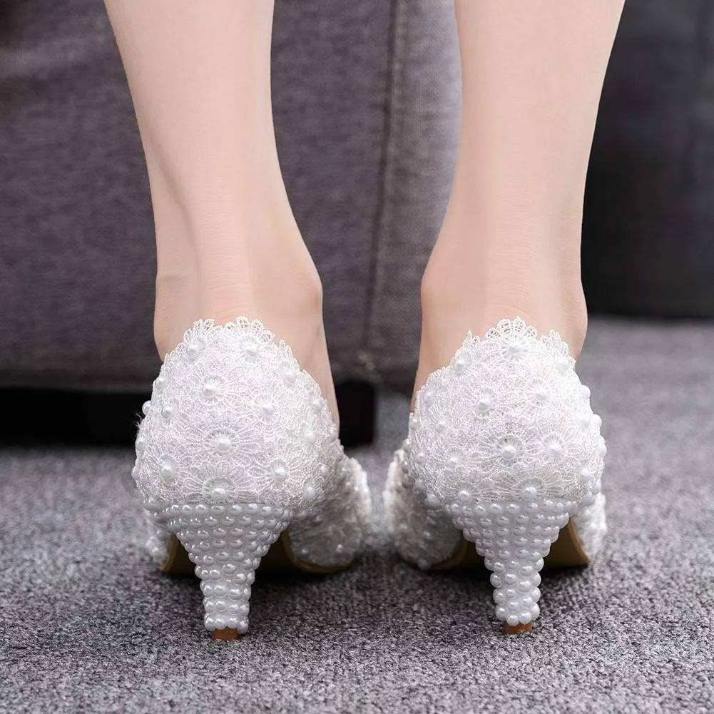 MYFSPORTS Wedding Shoes Low Heel Comfortable Women's Shoes Lace Bridal Shoes Beaded Flower Wedding Bridesmaid High Heels