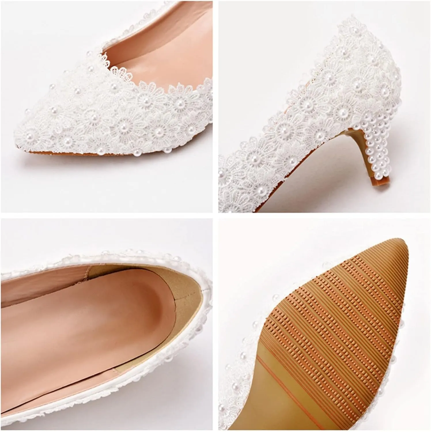MYFSPORTS Wedding Shoes Low Heel Comfortable Women's Shoes Lace Bridal Shoes Beaded Flower Wedding Bridesmaid High Heels