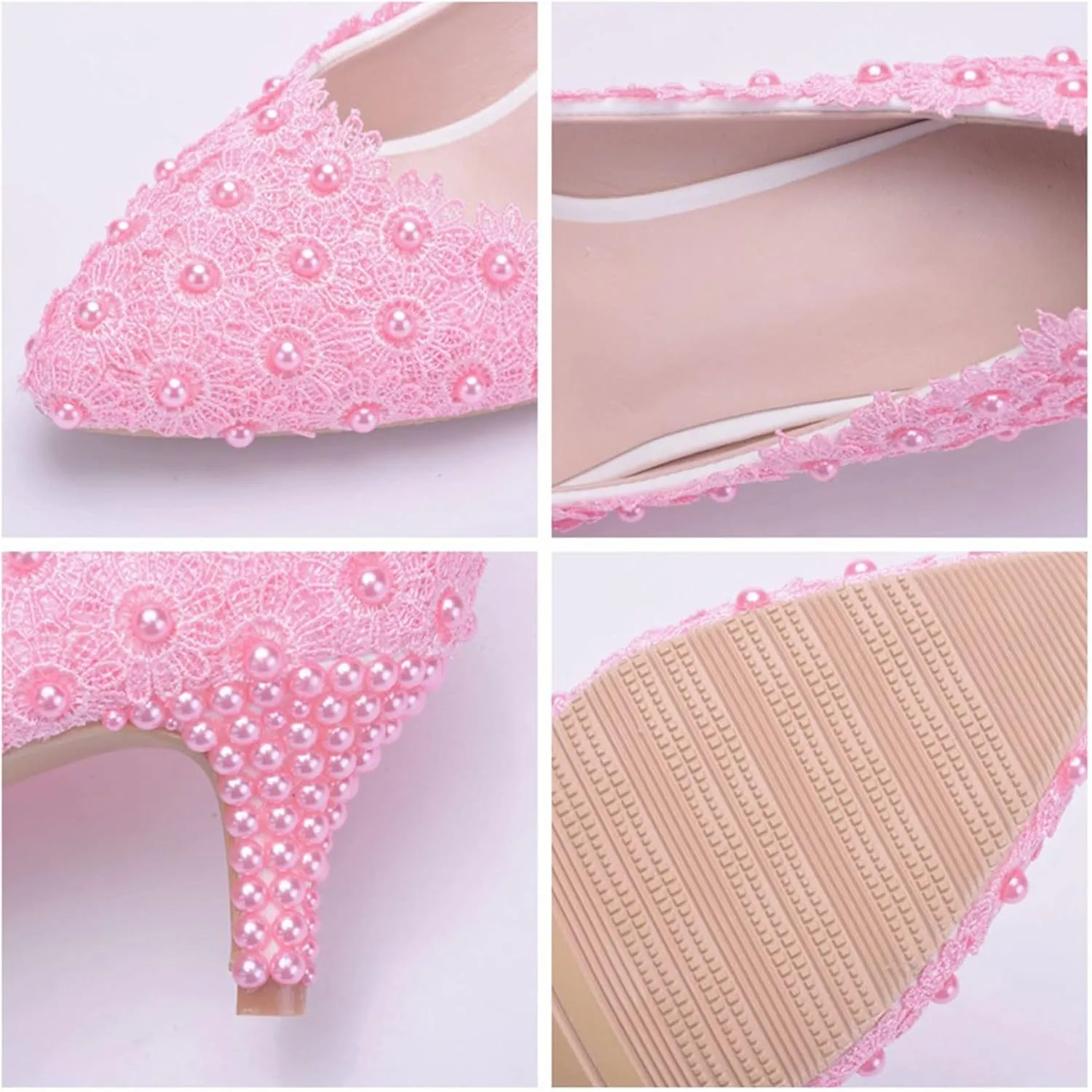 MYFSPORTS Wedding Shoes Low Heel Comfortable Women's Shoes Lace Bridal Shoes Beaded Flower Wedding Bridesmaid High Heels
