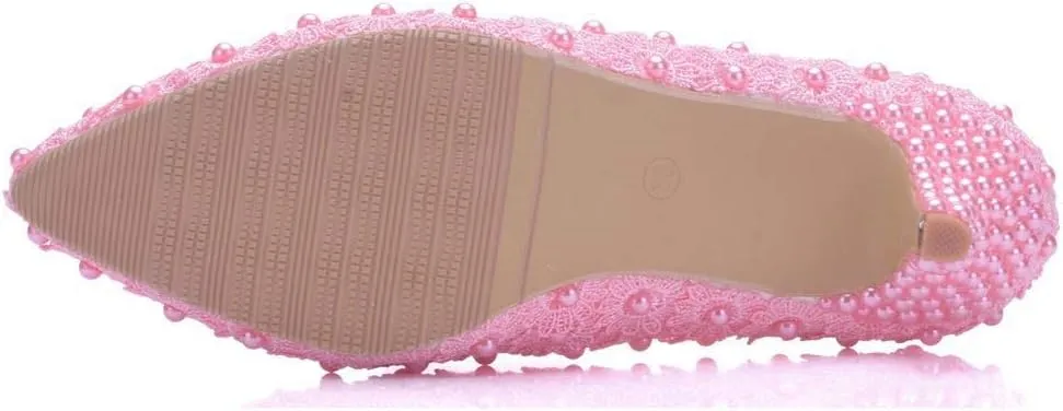 MYFSPORTS Wedding Shoes Low Heel Comfortable Women's Shoes Lace Bridal Shoes Beaded Flower Wedding Bridesmaid High Heels