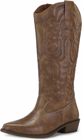 mysoft Women's Cowboy Boots Mid Calf Cowgirl Embroidered Western Pointed Toe Chunky Heel Pull On Knee High Boots