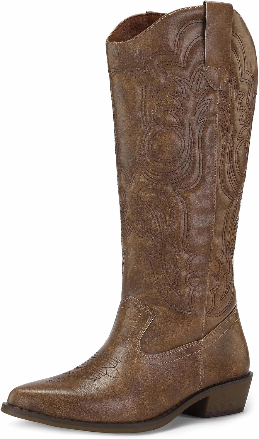 mysoft Women's Cowboy Boots Mid Calf Cowgirl Embroidered Western Pointed Toe Chunky Heel Pull On Knee High Boots