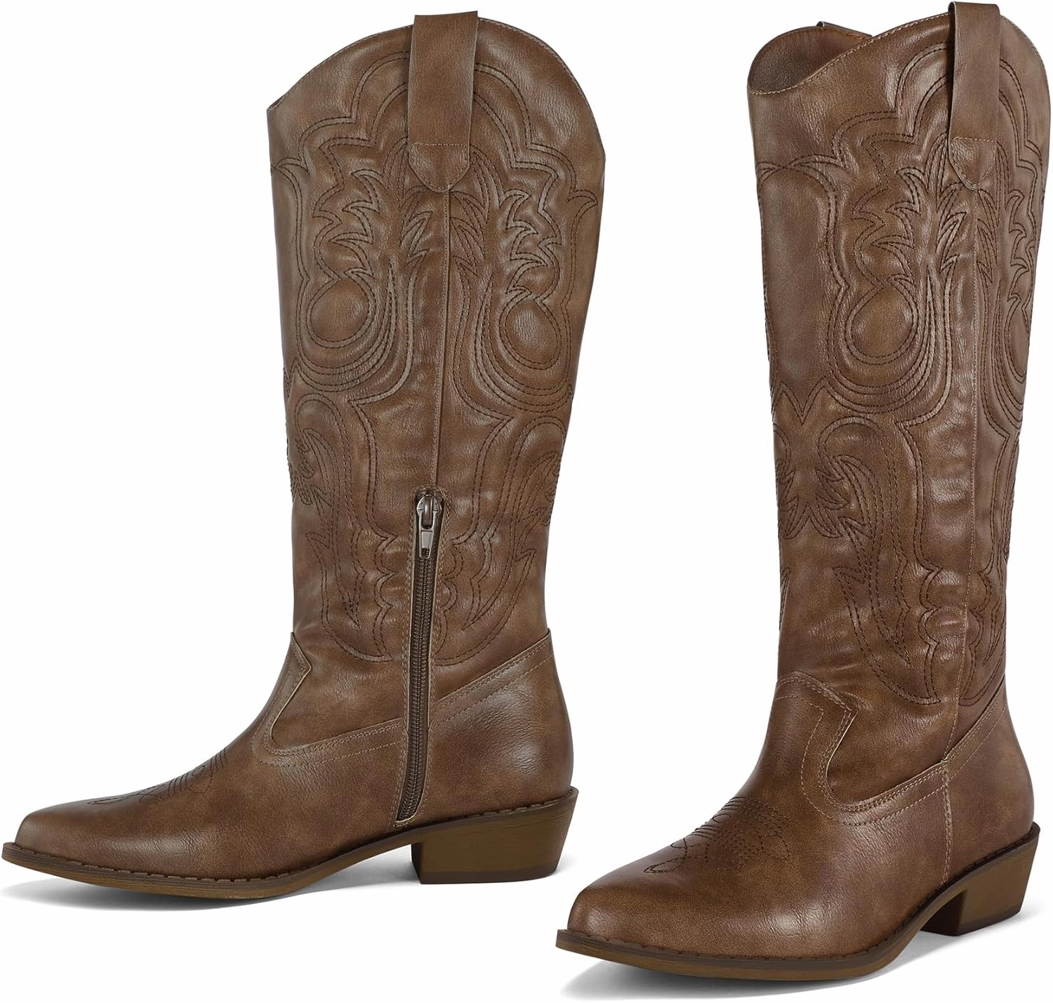 mysoft Women's Cowboy Boots Mid Calf Cowgirl Embroidered Western Pointed Toe Chunky Heel Pull On Knee High Boots