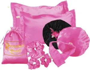 Natural hair essentials, reversible and adjustable Satin bonnet. satin pillowcases, satin Scrunchies and headband set of 8 pieces (Dark pink)